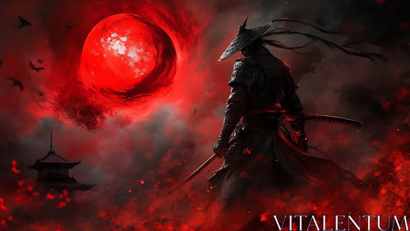 Lone samurai confronts blood-red eclipse above burning mist