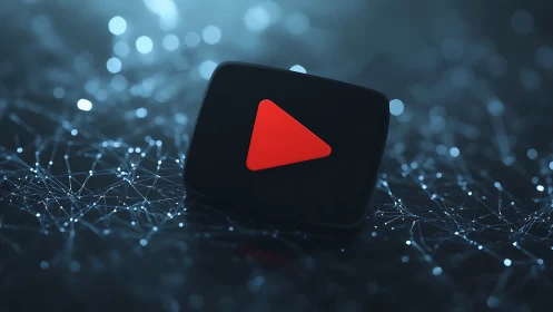 Red play icon on dark networked digital surface.