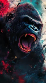 Roaring neon gorilla explodes through storm of wild color.