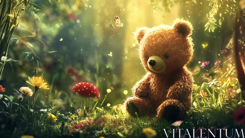 Soft teddy bear illuminated by volumetric light in lush forest glade