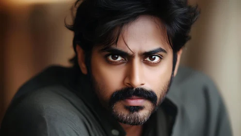 Warm, intense portrait of a thoughtful bearded man gazing ahead.