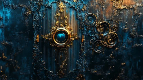 Golden ornate door glows softly against deep blue textured wall