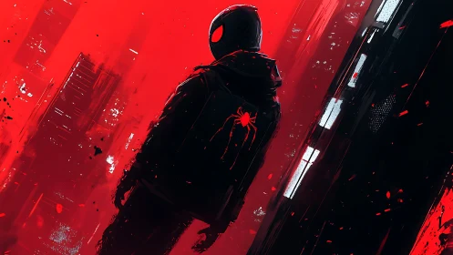 Hooded spider-suited figure in red and black urban scene.