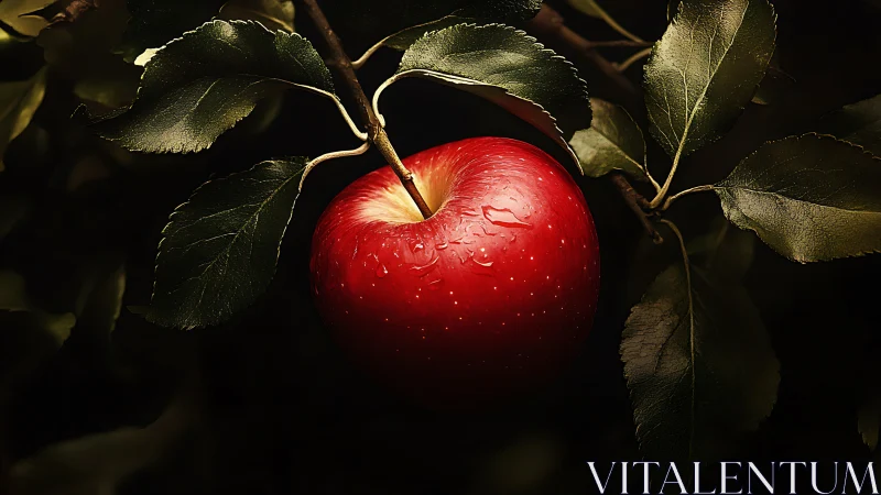 Ripe red apple glowing softly among deep green leaves.