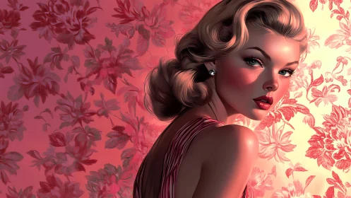 Velvet glamour muse in rose-lit floral reverie portrait.