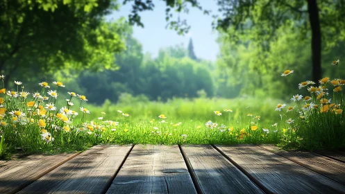 Sunlit wooden deck opens toward lush meadow with daisies