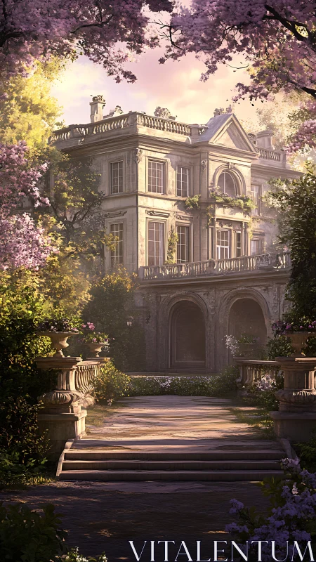 Sunlit neoclassical mansion framed by blooming garden trees