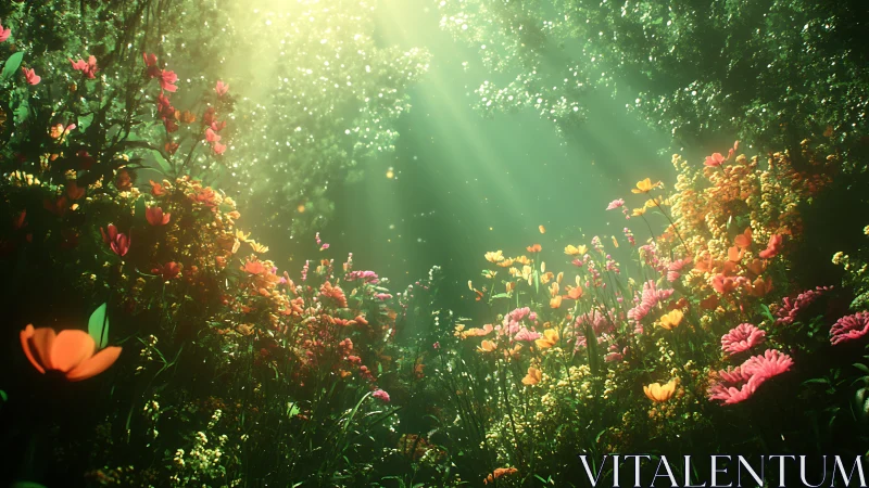 Sunlit wildflower glade with luminous green forest canopy.