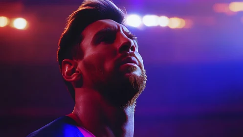 High-contrast stadium portrait under magenta and blue rim lights