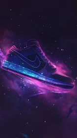 Neon galaxy sneaker glows through deep cosmic void.