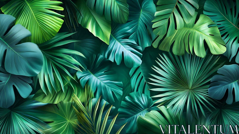 Lush tropical foliage in layered emerald gradients.
