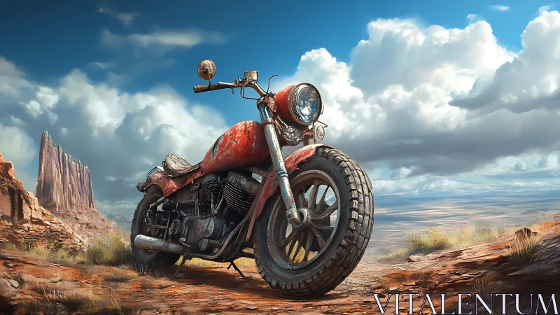 Road-worn desert motorcycle under towering canyon skies.