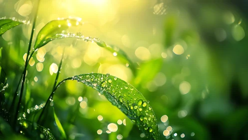 Dew covered green leaves in bright morning sunlight.