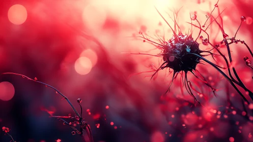 Macro biological node with radial tendrils in red bokeh field