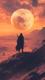 Solitary cloaked wanderer on alien ridge under colossal moon