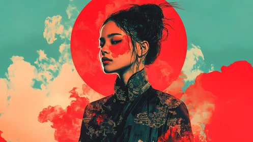 Radiant portrait of a serene woman in bold red sun glow.