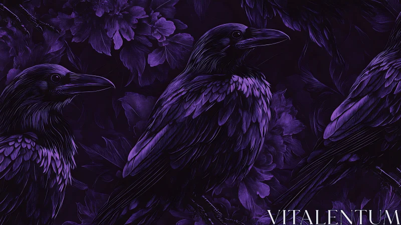 Midnight ravens resting in a velvety violet garden.