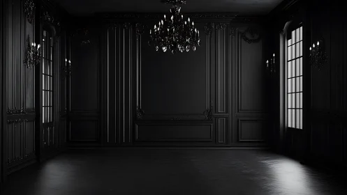 Dark neoclassical ballroom interior with crystal chandeliers