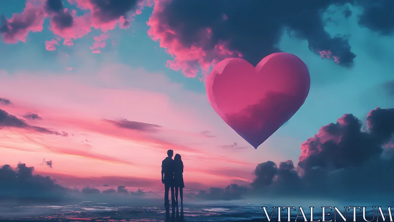 Silhouetted Couple Beneath a Glowing Pink Heart Sky.