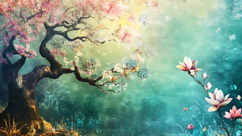 Dreamy blossom tree leaning over a tranquil teal sky.