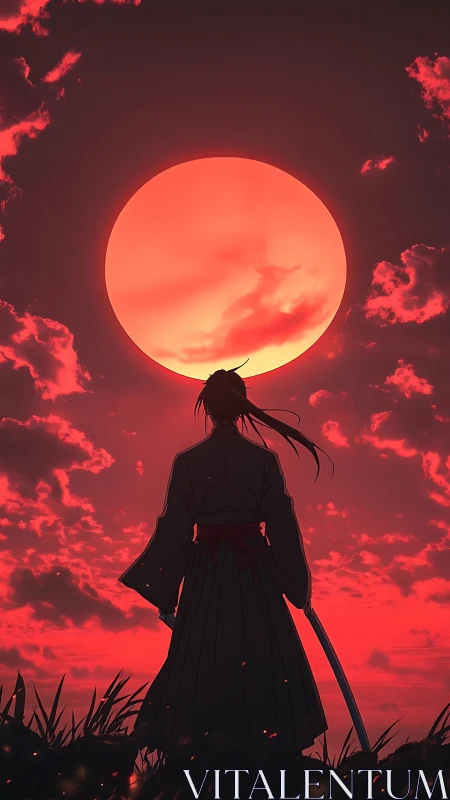 Backlit swordsman silhouette under oversized red sun disk