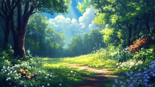 Forest landscape with flowering plants and sky opening.