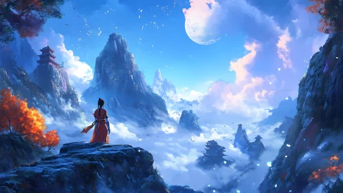 Solitary figure observes layered mountains above dense clouds