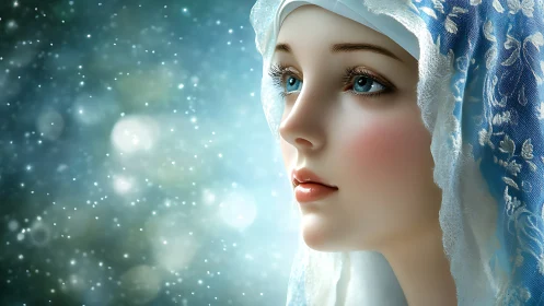 Young woman in blue lace veil rendered in soft digital light