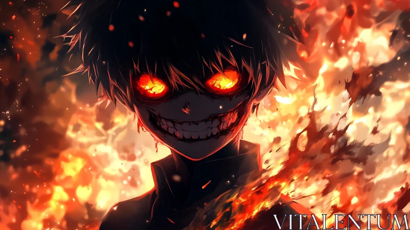Flaming-eyed anime demon smiles within a roaring inferno