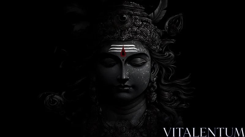 Digital painting of ornate divine visage in low-key chiaroscuro.