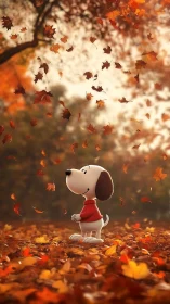 Cartoon dog character stands amid falling autumn leaves