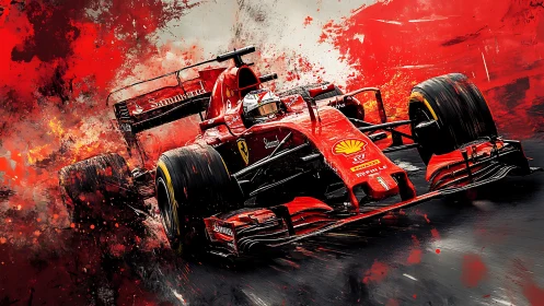 Red Formula 1 Ferrari car explodes through wet track spray.
