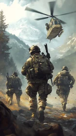 Armed soldiers advance through misty mountain valley.