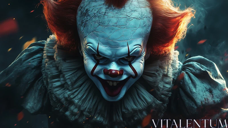 Menacing horror clown portrait with cracked white makeup.