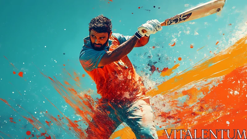 Cricket striker explodes through splashes of electric color.