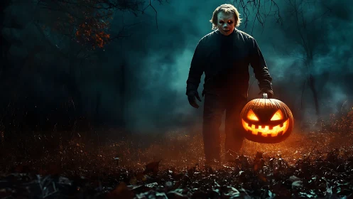 Masked killer stalks forest with glowing Halloween pumpkin