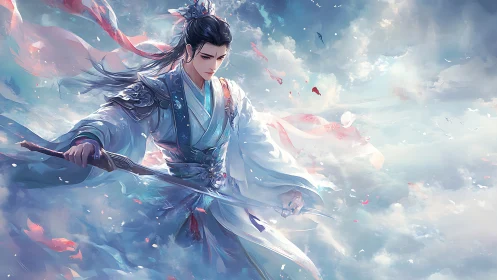 Sword-bearing wuxia warrior suspended in dynamic aerial cloudscape