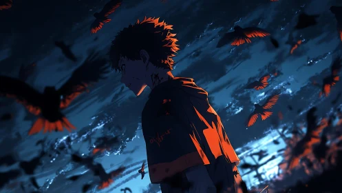 Backlit anime figure amid turbulent corvid flight dynamics.