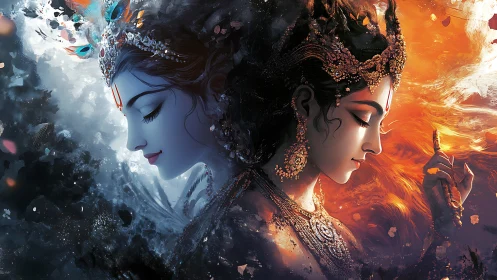 Graceful divine duality in radiant blue and glowing gold.