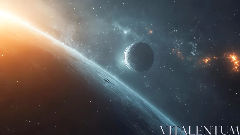 Sunrise over a distant world with quiet drifting moon.