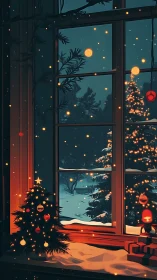 Gentle snowy Christmas evening glows beyond a quiet window