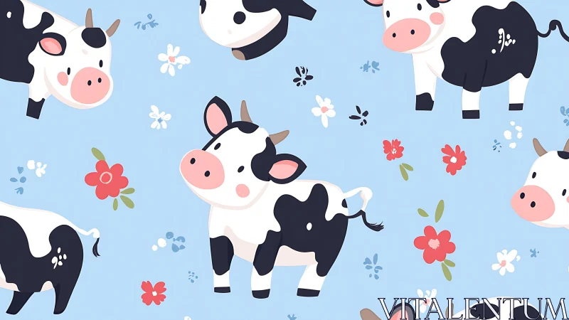 Cartoon dairy cows float through a sky of cheerful blossoms