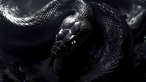 Coiled black serpent in dramatic monochrome light study.