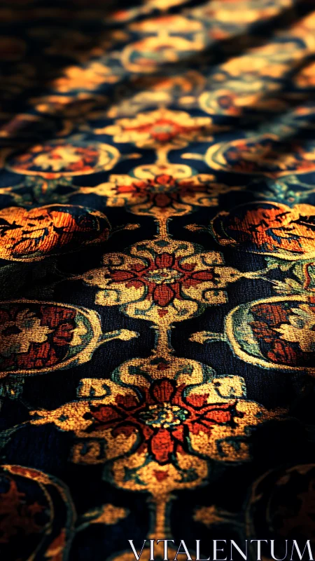 Shallow depth of field isolates woven ornamental carpet surface