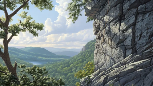 Sunlit cliffside overlooks serene green valley and river