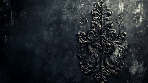 Baroque metallic scrollwork relief on distressed dark panel.