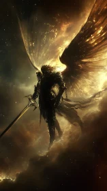 Celestial warrior angel in radiant nebula-lit silhouette.