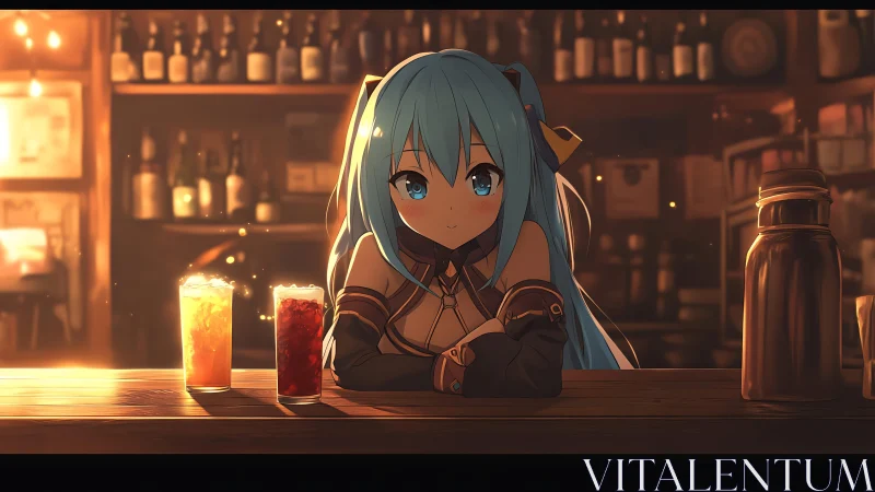 Starlit bar counter cradles a blue haired girl’s quiet dare
