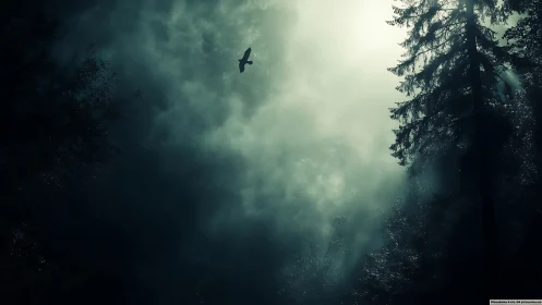 Solitary bird circles misty forest canopy under moody light