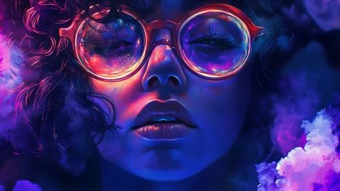 Close-up neon portrait with reflective round glasses in vapor.
